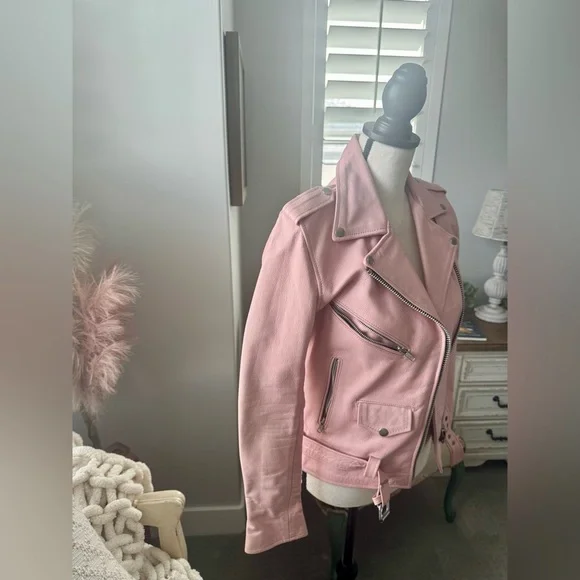 Understated Leather Pink Zipper Belted Collared Biker Jacket Women’s XS - Picture 2 of 13